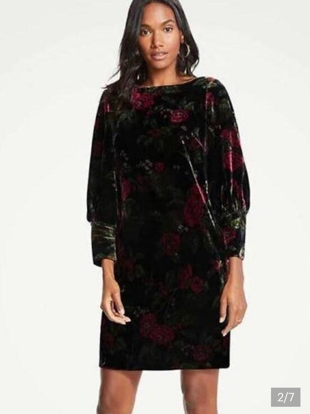 Ann Taylor Black Velvet Floral Long-Sleeve Shift Dress - Size 14 - Picture 2 of 12